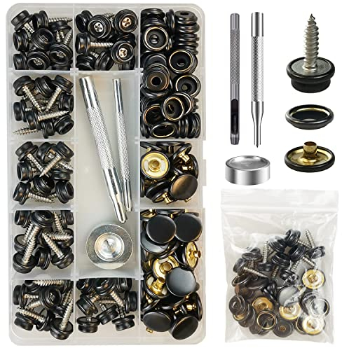 60 Set Druckknöpfe zum Schrauben, 15mm Edelstahl Druckknopf Schraubbar mit Fixierwerkzeug Kit für Planen, Schiffe, Möbel, Segeltuch, Autozelte (Schwarz, 15mm)