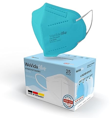 WeVida®Plus FFP2 Maske Made in Germany - 25 x einzeln verpackt, größere Passform, dermatologisch geprüft, EU CE zertifizierte Atemschutzmaske nach EN149:2001+A1:2009, CE2841 (Türkis)