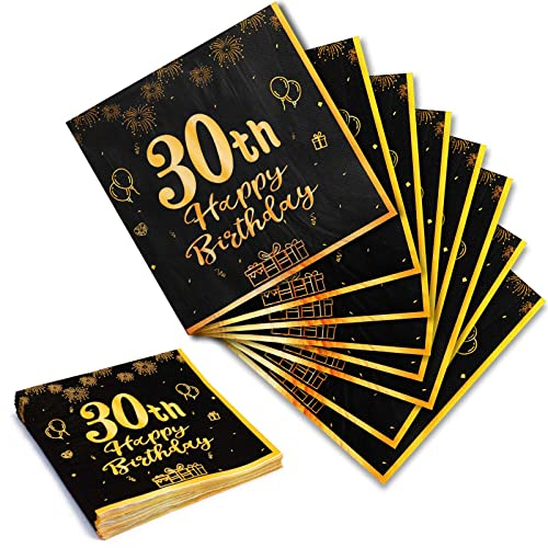 Geburtstag 30 Servietten, 20Stk Schwarze Gold Happy Birthday Servietten 33cm x 33cm Papierservietten für Mann Frau Mädchen Junge Geburtstags Deko Party Supplies Tischdekoration