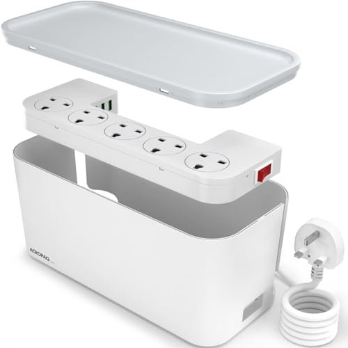 Cable tidy box with integrated power strip - 5 way outlets, 3 USB ports, 2M cable - Desk cords organizer - ACROPAQ
