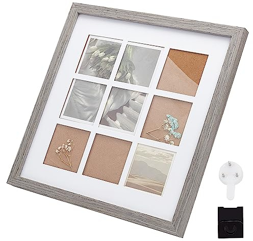 OLYCRAFT 33x33cm Quadratischer Holz Fotorahmen Ständer Grauer Bilderrahmen Display Für 9 Foto Großer Fotorahmen Display Mit Klarem Fenster Für Tischständer Und Wandaufhängung - 2cm Dicke