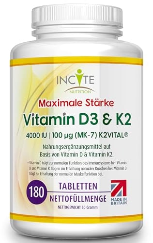 Incite Nutrition Vitamina D3 2000 UI y K2 (MK7) 50 µg – 180 Tabletas Vegetarianas Prémium – Suministro de 6 Meses – Vitamina D3 y K2 de Alta Potencia y Calidad – Fabricado en el Reino Unido