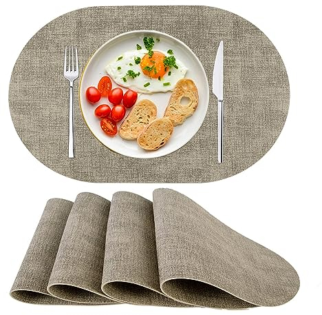 Platzsets Abwaschbar Tischsets 4er Set PU-Leder, Hitzebeständig, rutschfest, Platzset für Esstisch, Küche Oval Beige