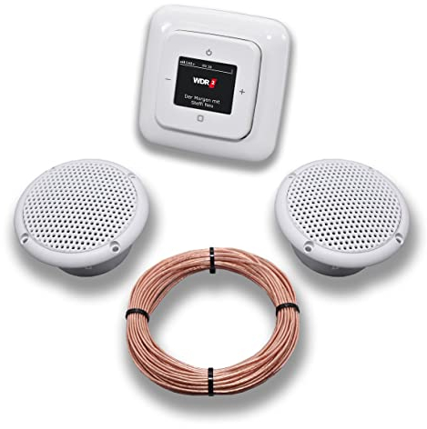 Busch Jäger DAB+ (DAB PLUS) Unterputz Radio 8215U-101 Reflex SI alpinweiß, Komplett-Set mit 2 x Decken Feuchtraumlautsprecher/Badezimmer + 20 m Lautsprecherkabel 2x0,75 mm2 8215 U - 101