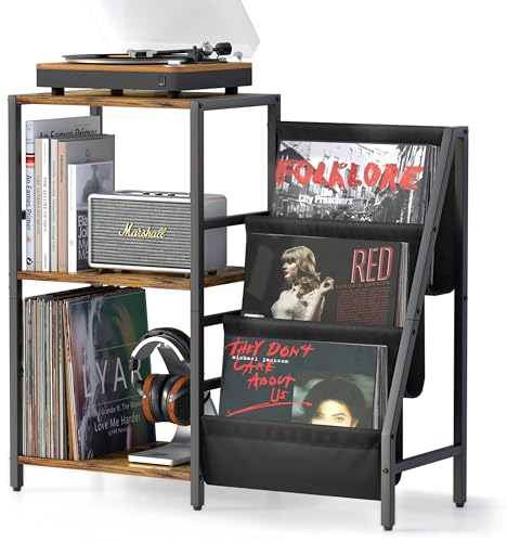 Tewinko Plattenspielerständer mit Vinylaufbewahrung, Plattenspielertisch mit Schallplattenaufbewahrung bis zu 200 Alben, Plattenspieler Ständer mit Schallplattenhalter Vinyl Display Regal,