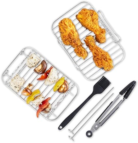 Tower T843096 8pc Silicone Air Fryer Accessory Set with Tongs, 4X Skewers, Basting Brush, 2X Roasting Racks, Stainless Steel, Black