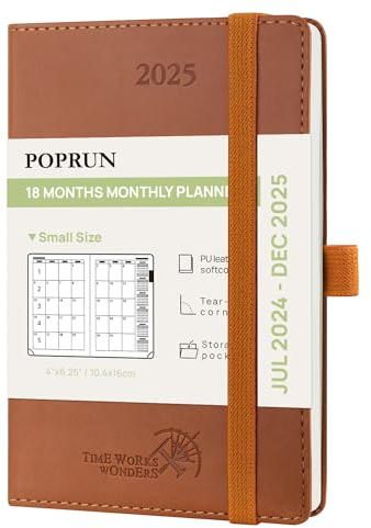 POPRUN Kalender 2025 Monatsplaner A6 (Jul.2024 - Dez.2025) - 18 Monate Monatskalender Softcover 16 x 10,5 cm - 1 Monat 4 Seiten, mit PU-Leder, 100 GSM Papier - Braun
