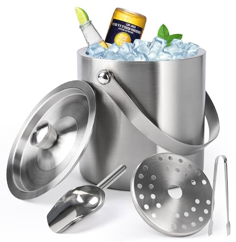 Banaone 2L Eiswürfelbehälter, Doppelwandiger isolierter Edelstahl-Eiskübel mit Deckel, Schaufel, Zange & Sieb, Ideal für Cocktailbar, Partys, Wein kühlen, Champagner