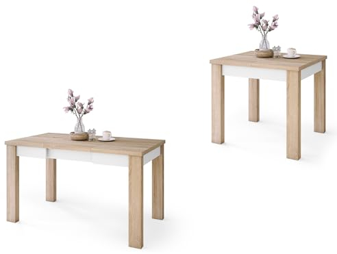 All4All Couchtisch Faro - Wohnzimmertisch - Kaffeetisch – Tisch in Holzoptik - mit Ablage – Esszimmertisch mit Einlegeplatte – Sonoma Eiche + Weiß - ausziehbar bis 130cm - 80x75cm - 05