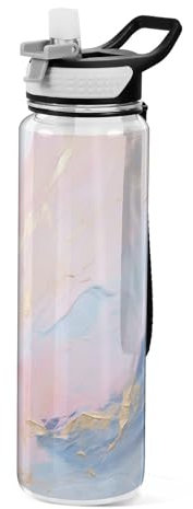 Pink Marble Water Bottle with Straw 1 Litre Sports Bottle Tritan BPA Free Clear Drinking Bottle for Adults Outdoor School Gym Travel