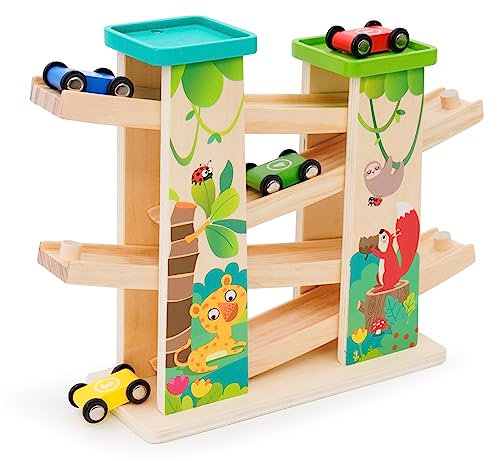 Wooden Car Ramp Toys Click Clark Race Car Wooden Race Track Car Ramp Racer Zig Zag Car Track with 2 Parking Lot Garage 4 mini Car Slide Montessori Toys Gifts for Toddlers Boys Girls 1 2 3 +