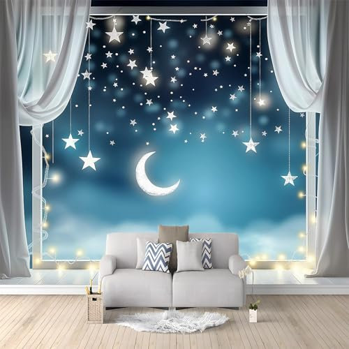 Papier Peint Étoiles Et Lune Animées Intissé, Papier Peints Panoramique 250 x 175 cm, Bleu Photo Murale Pour Appartement Salon Chambre D'Enfant