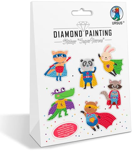 Ursus 43490001 - Diamond Painting Sticker Super Heroes, Aufkleber mit verschiedenen Designs, Bastelset mit 2 Stickerbogen und passendem Werkzeug, ca. 6,3 - 7,3 cm