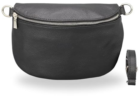 BRISE Bauchtasche Damen Echtleder AFIA Silber Handgemachte Umhängetasche Crossbody Bag mit Ledergurt 3 Fächer Hüfttasche Gürteltasche Made in Italy (Schwarz-Silber 1)