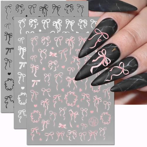 Schleife Nagelsticker Herz Schleifenknoten Nail Sticker Schwarz Weiß Rosa Bögen Nagel Sticker Französisch Ribbon Bows Nagel Stickers Heart Bow Nagel Aufkleber Nageldesign Nägel Zubehör Nail Art