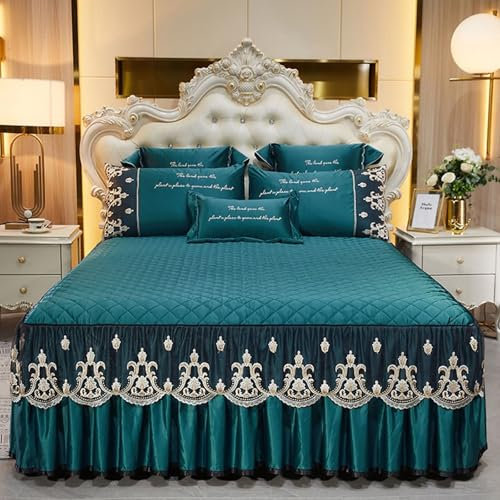 ANAZOZ Lenzuola Matrimoniali Estive con Elastico 200x220cm,Copriletto Matrimoniale Estivo Motivo di Tinta Unita con Pizzo Ricamato Copriletto Singolo Verde Scuro