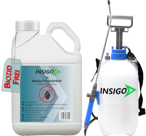 INSIGO Flohspray für Wohnung und Möbel 5L + 5L Drucksprüher - Abwehrspray gegen Flöhe mit Sofortschutz - Floh-Spray für Hunde und Katzen - Flohmittel hochwirksam & laborgeprüft