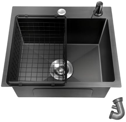 OUBUBY Fregadero de granito negro, 40 x 45 cm, negro, rectangular, empotrable, de granito, cocina, pequeño, individual con agujeros para grifo, 1 lavabo de acero inoxidable