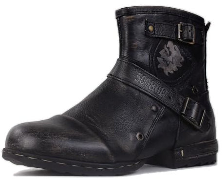 OSSTONE Stivali Cowboy Biker in Pelle di Vitello Tacco Western Donna moda Chukka Stivaletti MS-5008-1-BS,Vintage Nero,women size EU42