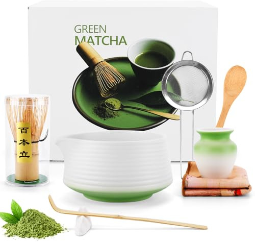 USHOP Matcha Kit 8 Pièces, Service À Thé Matcha,Bol à Matcha Avec Bec,Fouet Matcha, Support De Fouet à Matcha,Filtre,Cuillere Matcha, Stand, Serviette De Thé,Coffret Cadeau pour Amateurs de Matcha