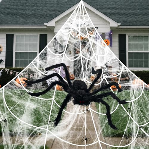 AllisWay Halloween Deko Spinnen, Halloween Deko Spinnennetz, Halloween Deko Outdoor Garten, 5m Spinnennetz + 1,25m Riesenspinne + 40g Spinnenwatte + 20 kleine Spinnen