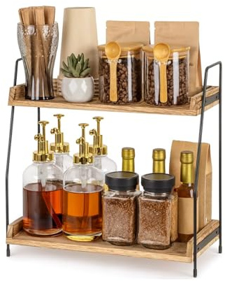 2-Tier Solid Wood Coffee Bar Organizer Shelf – Rustic Countertop Storage Rack with Black Metal Frame, Easy Assembly & Scratch-Resistant Feet – 40x19x38cm for Kitchen, Vanity, Office or Balcony