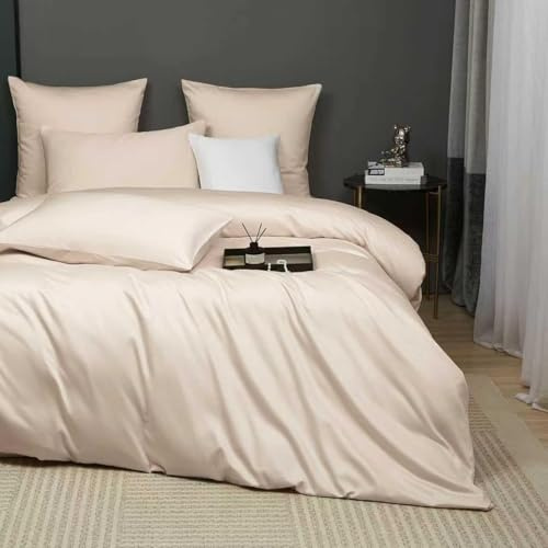Luofanfei Kühlend Mako Satin Bettwäsche 200x200 Baumwolle Sommer Beige | Glatt Luxus Muster Atmungsaktiv Bettwäscheset Weich und Bügelfrei Uni Bettbezug und 2 Kissenbezüge 80x80 cm
