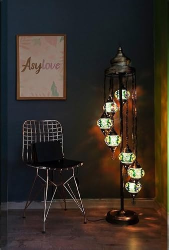Halay Türkische Stehlampe, handgefertigt, 7 Kugeln, orientalische Stehlampe, Mosaik, mehrfarbig, Grün