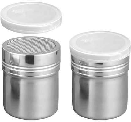 2Pcs Flour Sugar Salt Shaker, 7oz Stainless Steel Chocolate Shaker Icing, Sugar Salt Cocoa Flour Coffee Shaker-Sifter, Portable Sugar-Powder-Shaker for Kitchen Crafts and Cake Decoration
