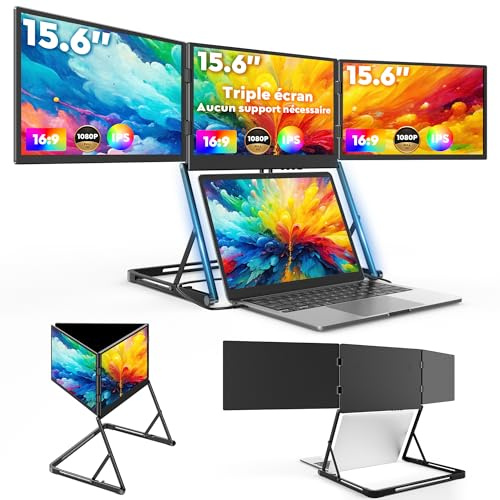 HONGO Laptop Bildschirm Erweiterung, 15.6 Triple Portable Monitor, 1080P FHD IPS Portable 3 Monitor, Laptop Screen Extender, Kompatibel mit Wins/Mac Laptops (Nur 2 Kabel für 3 Bildschirme)