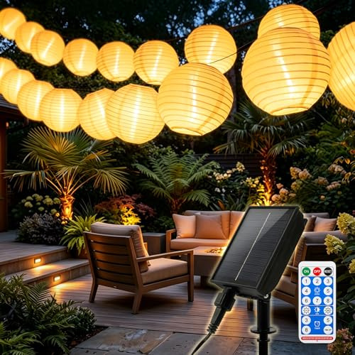 SOAIY Solar LED Lichterkette Lampions Außen 10,8M 20 warmweiß LEDs 8 Modi | Lampion Lichterkette 1200mAh Akku mit Fernbedienung wetterfest für Garten Terrasse Balkon Hof Geburtstag Party Camping Deko