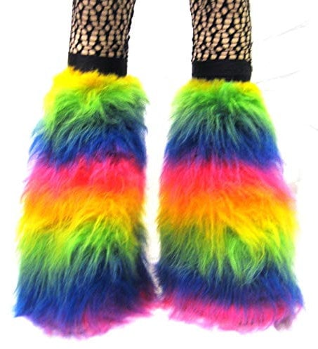 Insanity Neon UV Rainbow Multi Fluffy Legwarmers-Boot Covers. One Size Fits Most