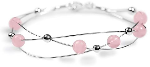 HENRYKA 925 Sterling Silver & Rose Quartz Weaved Bangle | Boho Style Beaded Bracelet | Unique Summer Jewellery & Holiday Fashion Accessory for Teenage Girls & Women