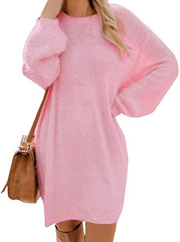 ORANDESIGNE Robe Pull Femme Tricot Col Rond Manche Longue Grande Taille Hiver Robe Tunique Rose 38