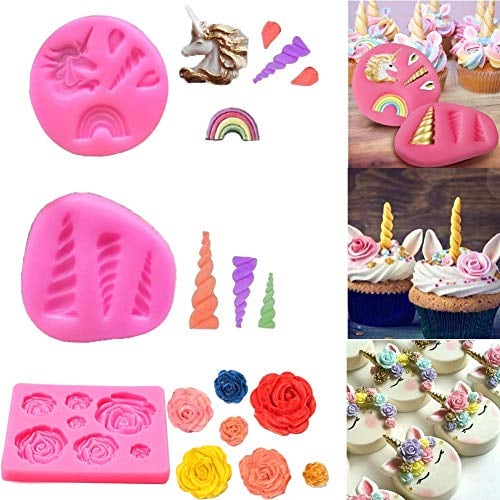 mciskin Molde de Unicornio para decoración de Tartas,diseño de Unicornio con Flores de Unicornio,moldes de Silicona para Cupcakes,moldes de Chocolate Fondant (3 Piezas)
