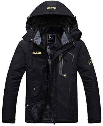 R RUNVEL Mens Waterproof Jackets Winter Coats Warm Fleece Jackets with Hood for Outdoor Hiking Mountain Walking Skiing Working Camping Black UK M