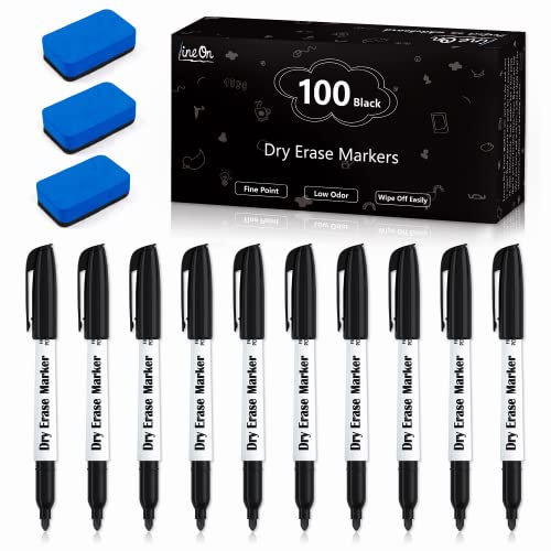 Lineon Whiteboard Pens with Eraser, 100 Pack Fine Ti Dry Wipe Pens for Whiteboard, Black Whiteboard Markers for Kids Adults Writing on Whiteboards, Weekly Planner, Glass for School Office Home