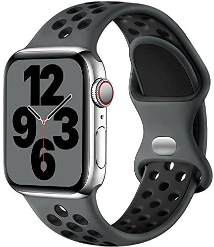 Upeak Sport Armband Kompatibel mit Apple Watch Armband 44mm 45mm 49mm 46mm 42mm 40mm 41mm 38mm, Atmungsaktiv Silikon Doppelloch Band für iWatch Ultra SE Series 10 9 8 7 6 5 4 3 2, L, Holzkohle/Schwarz