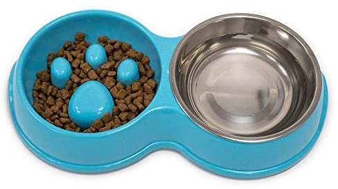 Fur & Bone Double Slow Feeder Dog Bowl | Raised Dog Bowl with Non-Slip Bottom | Dog Bowls | Dog Water Stainless Steel Bowl | Detachable Raised Cat (Blue)
