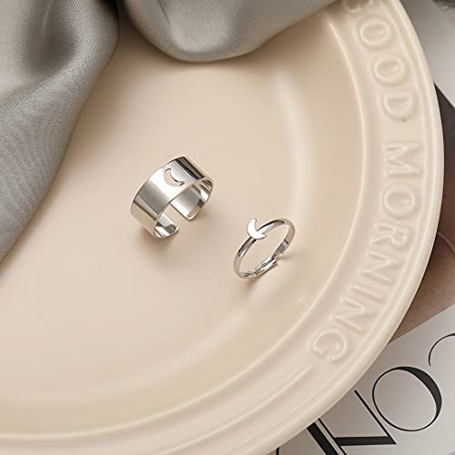 BYNYXI Punk Ring Set, 1 Paar Couple Ring Verstellbar Verlobungsring Silber Mond Stern Gravur Paar Ring Couples Set Stapelringe Partnerringe Ringe Set für Damen Promise Ring Set