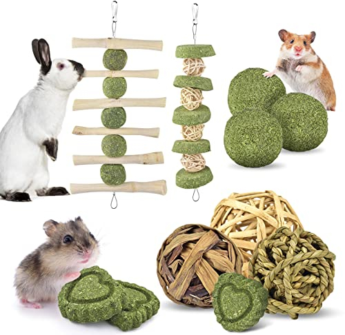 ERKOON Kaninchen Kauspielzeug, 11 Stück Hamster Spielzeug Natürlich Apfelholz Kauen Grasball Timothy Heu Sticks Gras Kuchen für Häschen Chinchilla Hamster Meerschweinchen Rennmäuse Zahnpflege