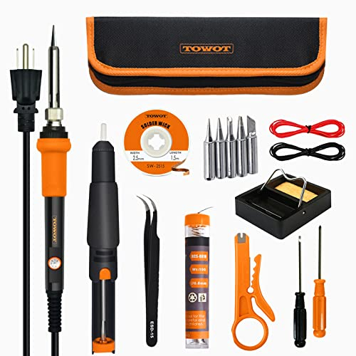 TOWOT 60W Soldering Kit, Adjustable Temperature, De-Soldering Pump, Tin Wire, Solder Wick, Tweezers, Soldering Tips Set, Stand, Wire Strippers
