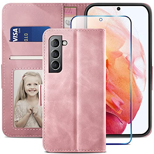 YATWIN Handyhülle für Samsung Galaxy S22 5G - Premium Leder Klapphülle mit Kartenfach, Magnet und Standfunktion - Schutzhülle Case, Rosa