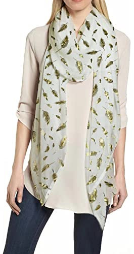 Lina & Lily Damen Schal mit Federmuster Metallic (Weiß-Gold)
