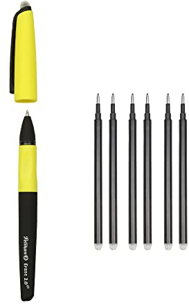 Pelikan Erase 2.0 Ergonomischer radierbarer Tintenroller, schwarze Tinte, für Rechts- und Linkshänder, für die Schule, nachfüllbar, 6 Ersatzminen inklusive