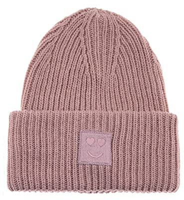 Zwillingsherz Slouch-Beanie-Mütze mit Wolle - Hochwertige Strickmütze mit Herz Smileys Patch für Damen Mädchen – Hat - Grobstrick - One Size - warm und weich für Frühling Herbst und Winter