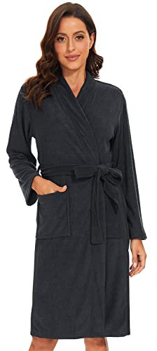 vislivin Leichter Bademantel Damen Frottee Bademantel Sauna Morgenmantel Knielanger Saunamantel Bathrobe Damen Schwarz M