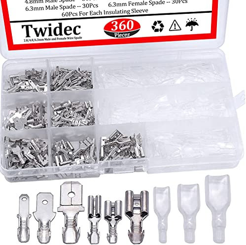 Taiss 360Pcs 2.8/4.8/6.3mm Quick Splice Male and Female Wire Spade Connector Crimp Terminal Block Assortment Kit with Insulating Sleeve for Electrical Wiring Car Audio Speaker
