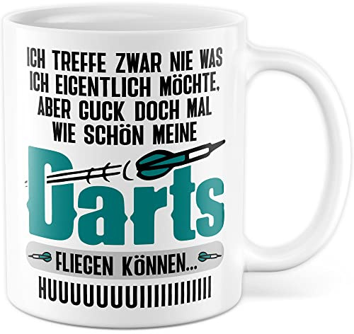 Dart Tasse mit lustigen Spruch Dartsport Geschenkidee Dartpfeil Kaffeetasse Geschenk für Dartspieler Kaffeebecher Dartscheibe Witz Humor Becher (Weiß)