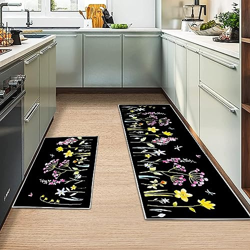 MIQEBX 2 Pcs Kitchen Rugs and Mats,Anti Fatigue Floor Mats Washable Non Slip Kitchen Runner for Office Sink Laundry,Black flowers